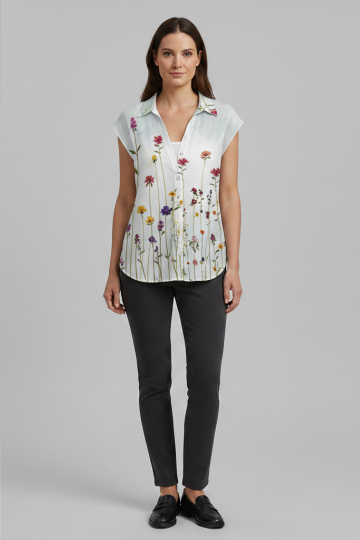 Women’s Summer Top with Collared Neckline and Button Fastening