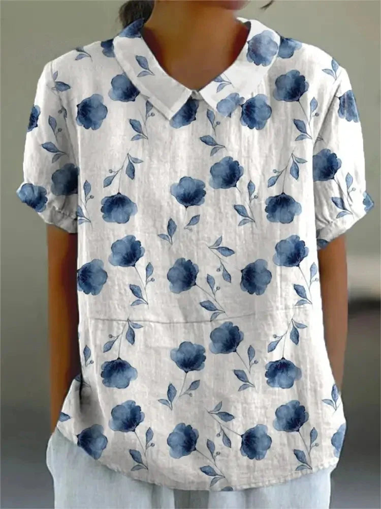 Women's Blouse with Floral Print and Collared Neck