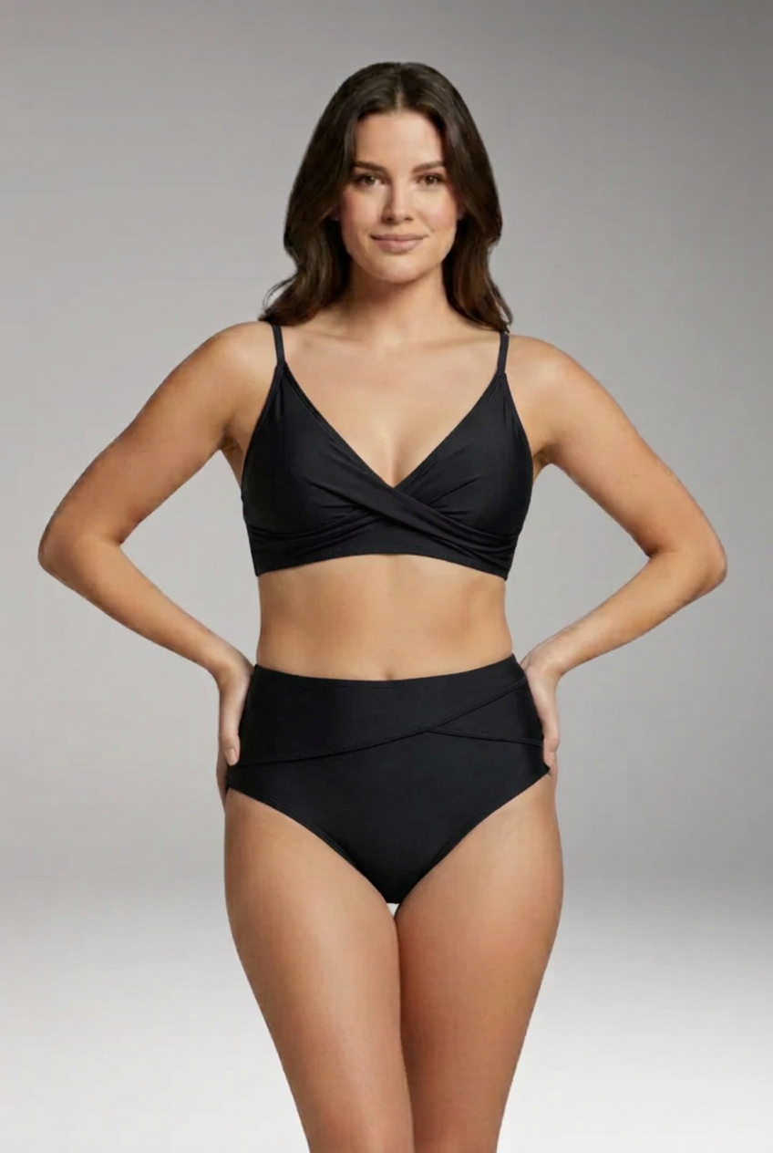 Women’s Ribbed Bikini Set with V-Neck and High-Waisted Bottoms