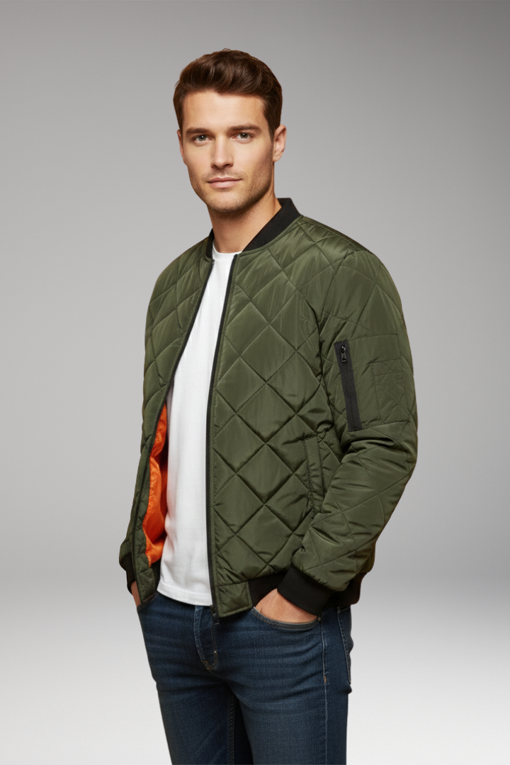 Men’s Padded Jacket with Stand Collar and Zipper