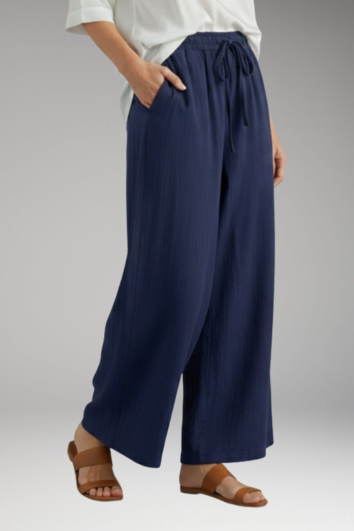 Women’s Wide-Leg Trousers with High-Waisted Fit and Drawstring Waistband