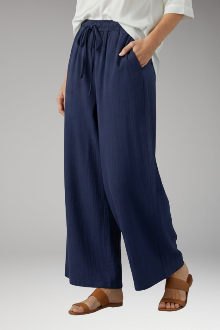 Women’s Wide-Leg Trousers with High-Waisted Fit and Drawstring Waistband