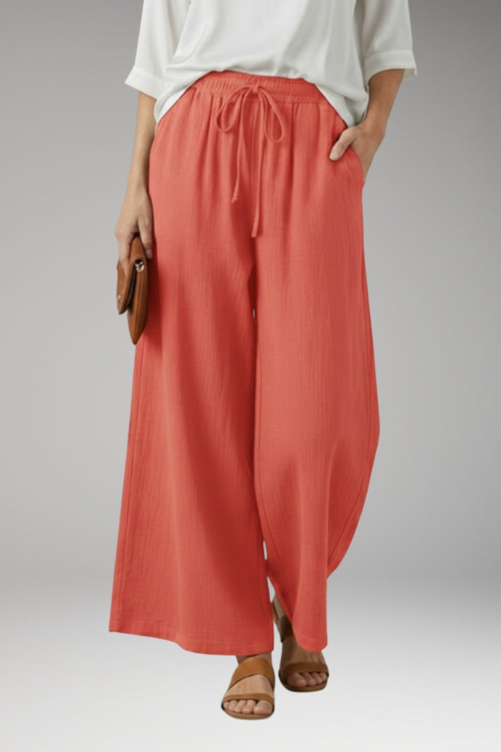 Women’s Wide-Leg Trousers with High-Waisted Fit and Drawstring Waistband