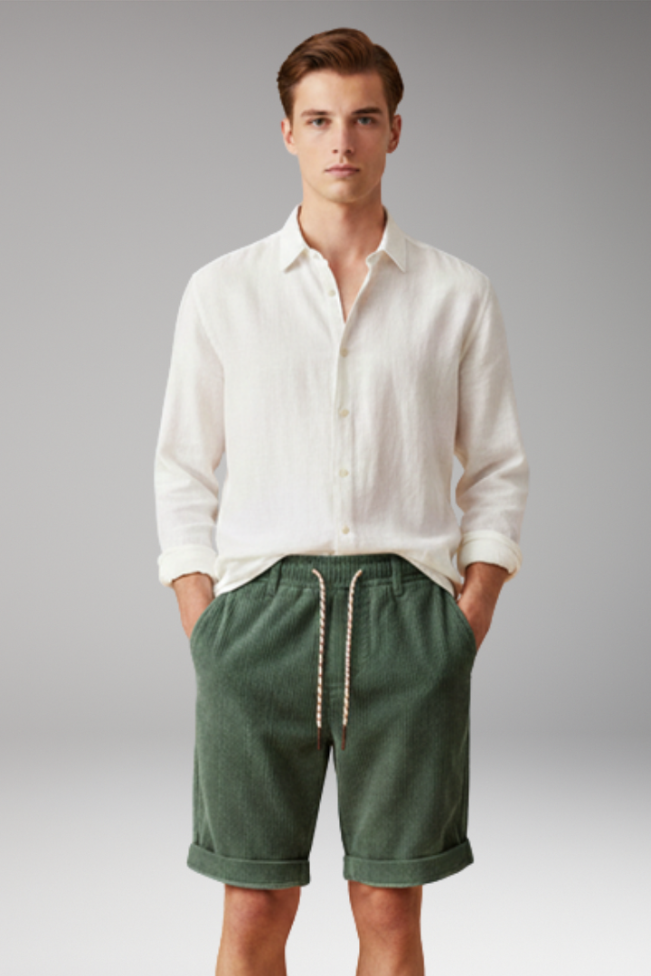 Men's Corduroy Shorts with Elastic Waistband and Rolled-up Cuffs