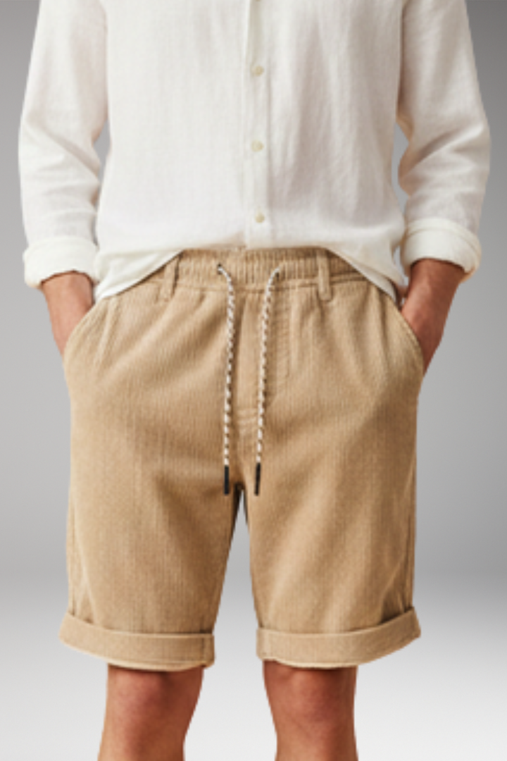 Men's Corduroy Shorts with Elastic Waistband and Rolled-up Cuffs