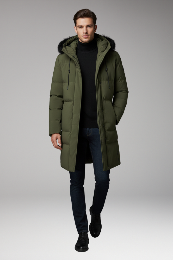 Men's Long Winter Jacket with Hood and Pockets