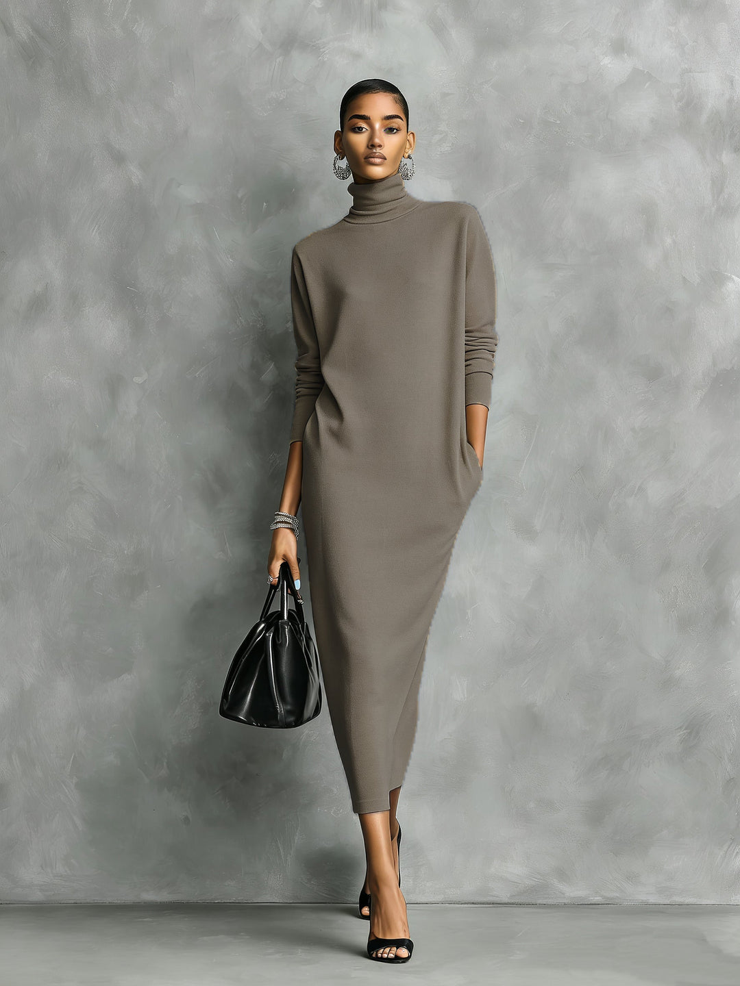 Women's Turtleneck Midi Sweater Dress Relaxed Fit
