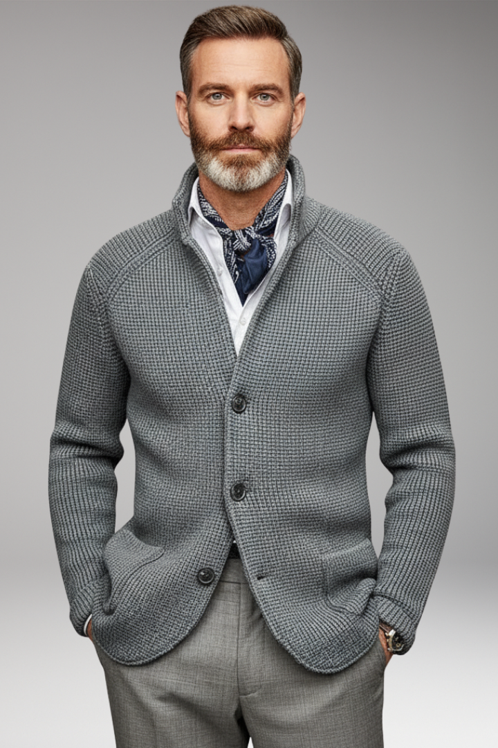 Men’s Knitted Blazer with Stand Collar and Pockets