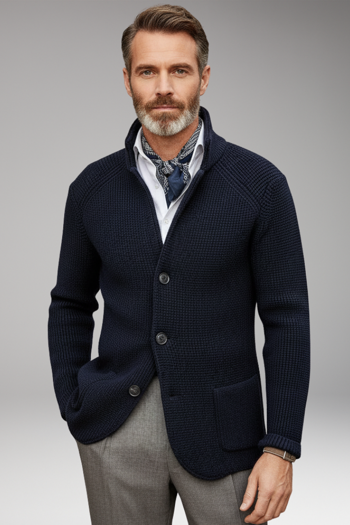 Men’s Knitted Blazer with Stand Collar and Pockets