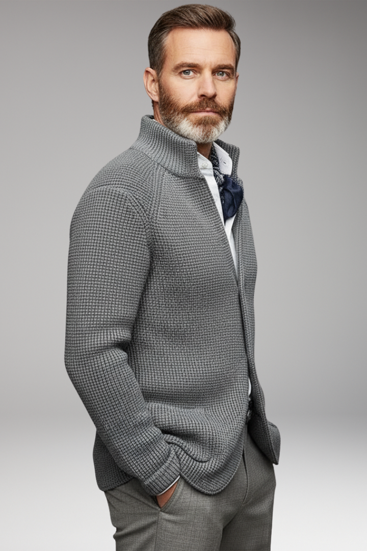 Men’s Knitted Blazer with Stand Collar and Pockets