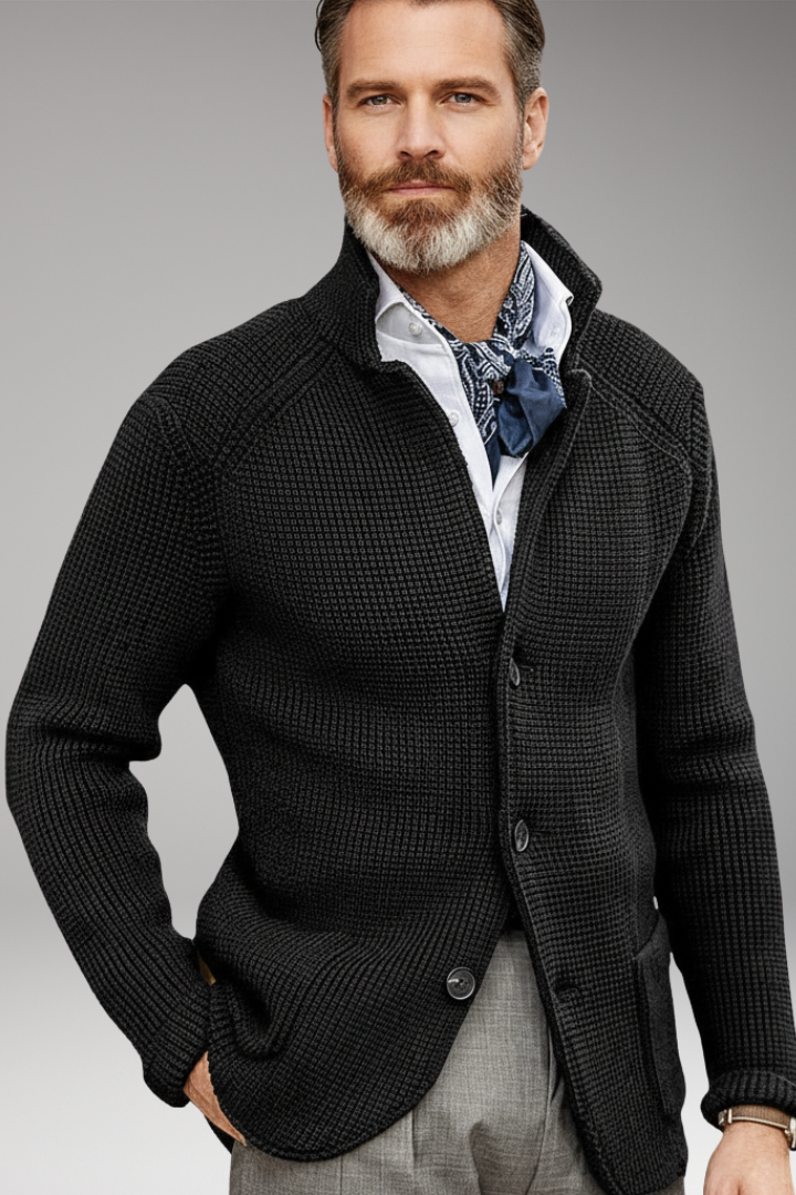 Men’s Knitted Blazer with Stand Collar and Pockets