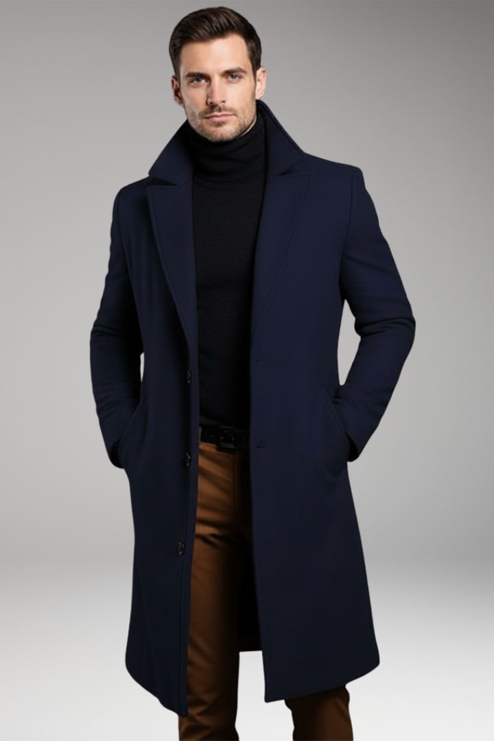 Men’s Mid-Length Coat with Notch Lapel and Buttons