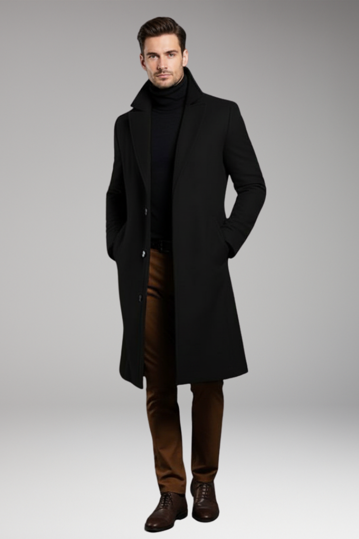 Men’s Mid-Length Coat with Notch Lapel and Buttons