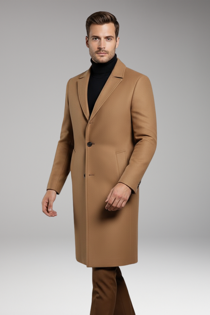 Men’s Mid-Length Coat with Notch Lapel and Buttons