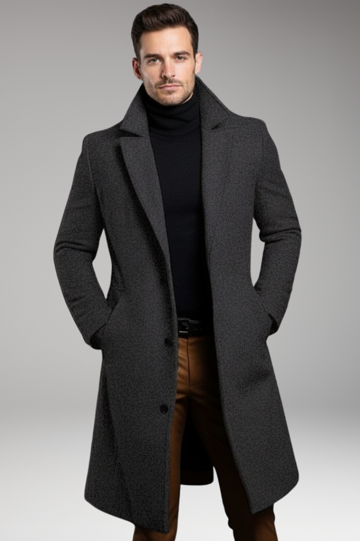 Men’s Mid-Length Coat with Notch Lapel and Buttons