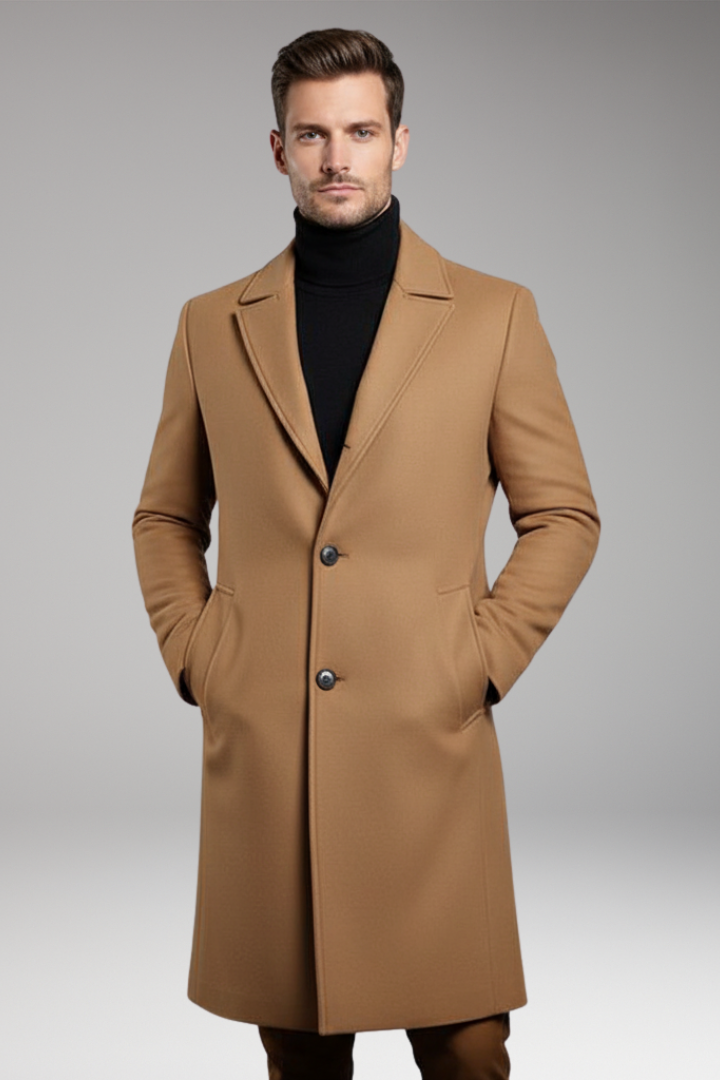 Men’s Mid-Length Coat with Notch Lapel and Buttons