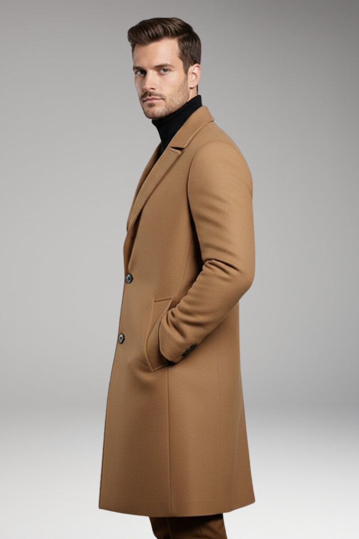 Men’s Mid-Length Coat with Notch Lapel and Buttons