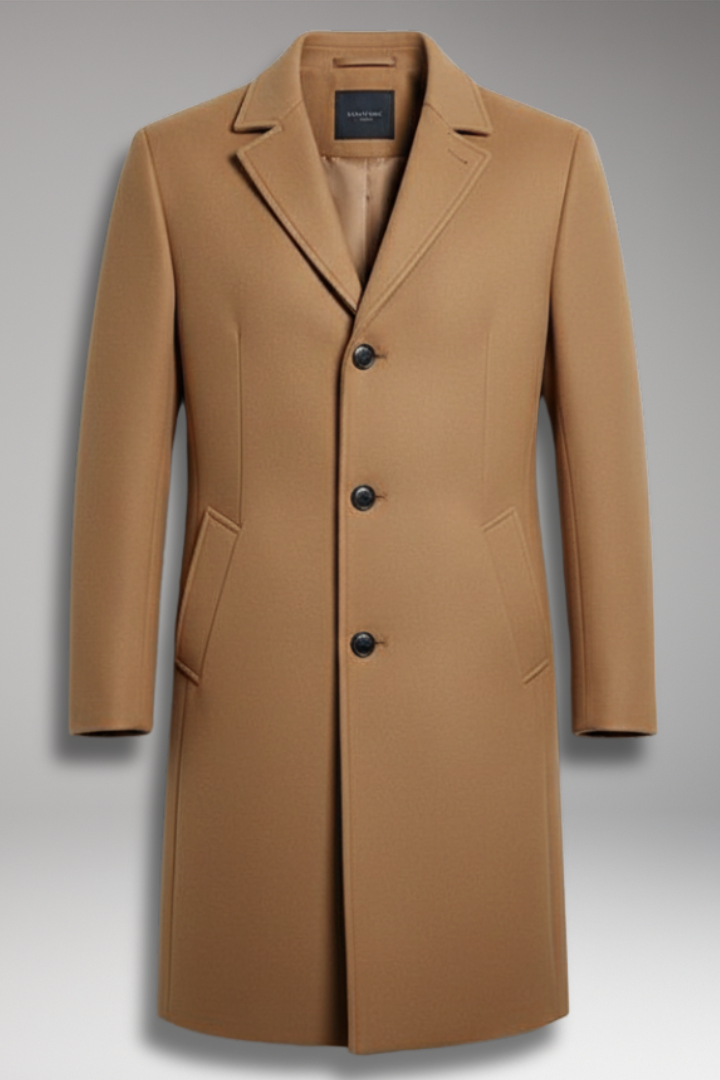 Men’s Mid-Length Coat with Notch Lapel and Buttons