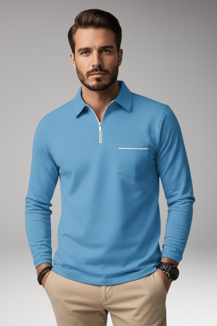 Men’s Long-Sleeve Polo Shirt with Zip and Pocket