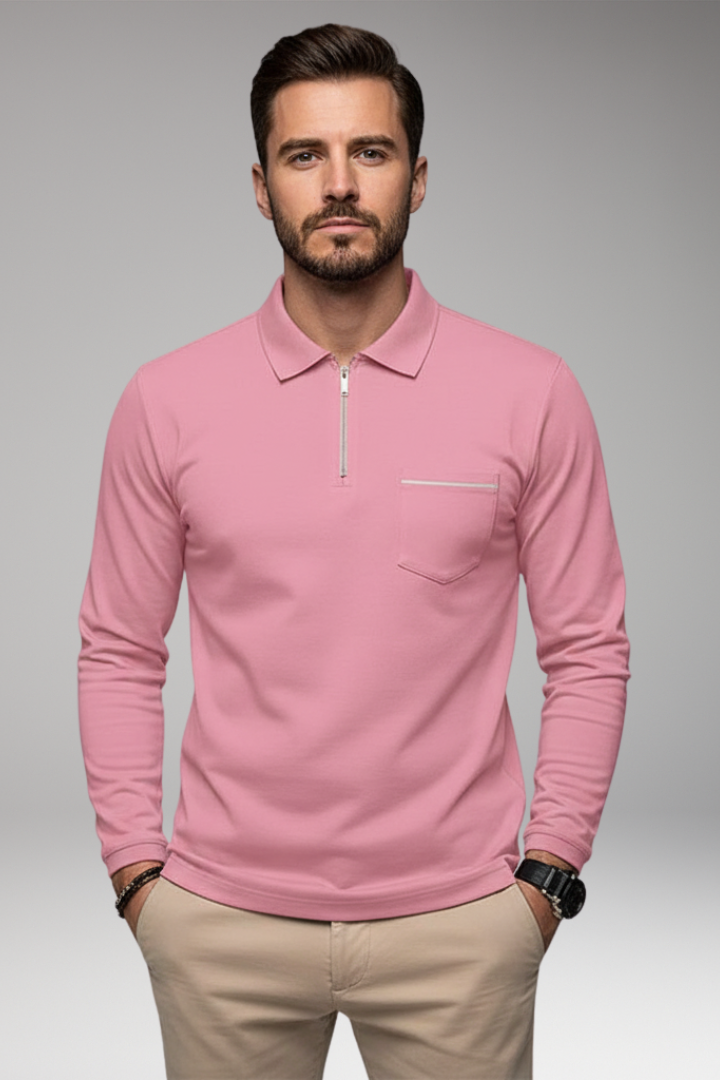 Men’s Long-Sleeve Polo Shirt with Zip and Pocket