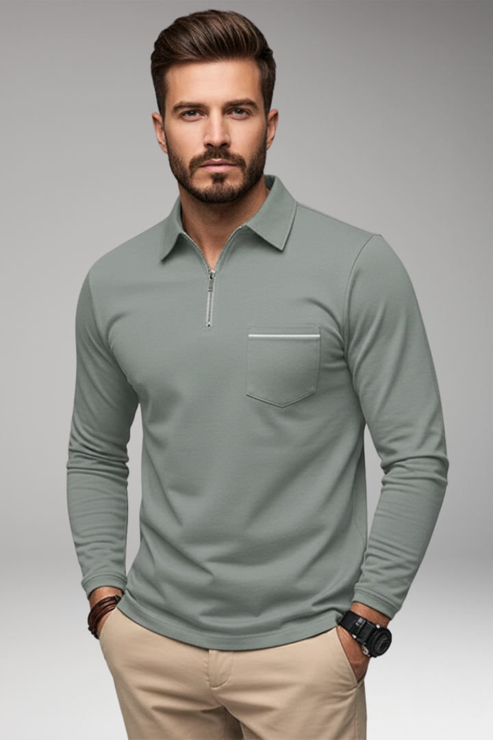 Men’s Long-Sleeve Polo Shirt with Zip and Pocket