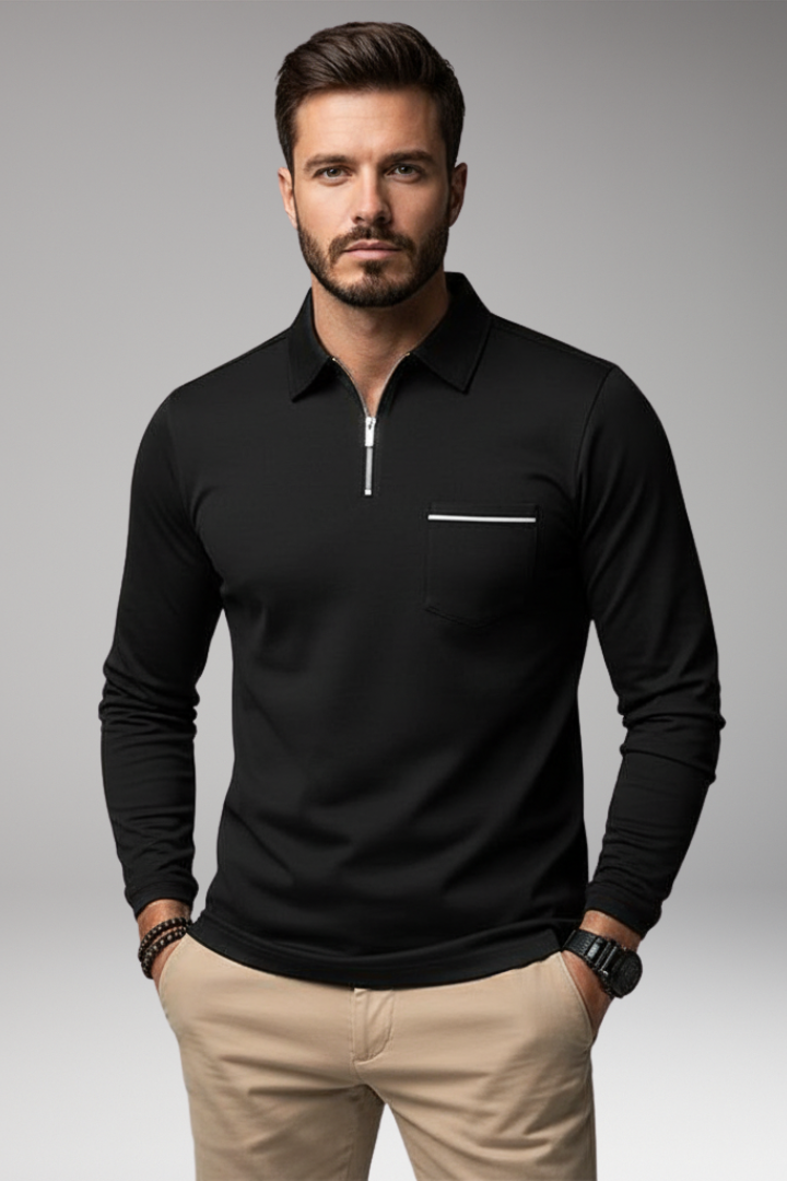 Men’s Long-Sleeve Polo Shirt with Zip and Pocket