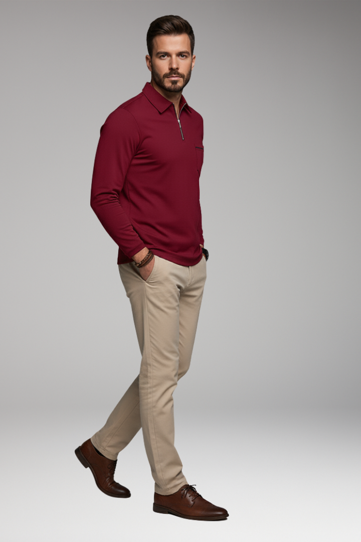 Men’s Long-Sleeve Polo Shirt with Zip and Pocket