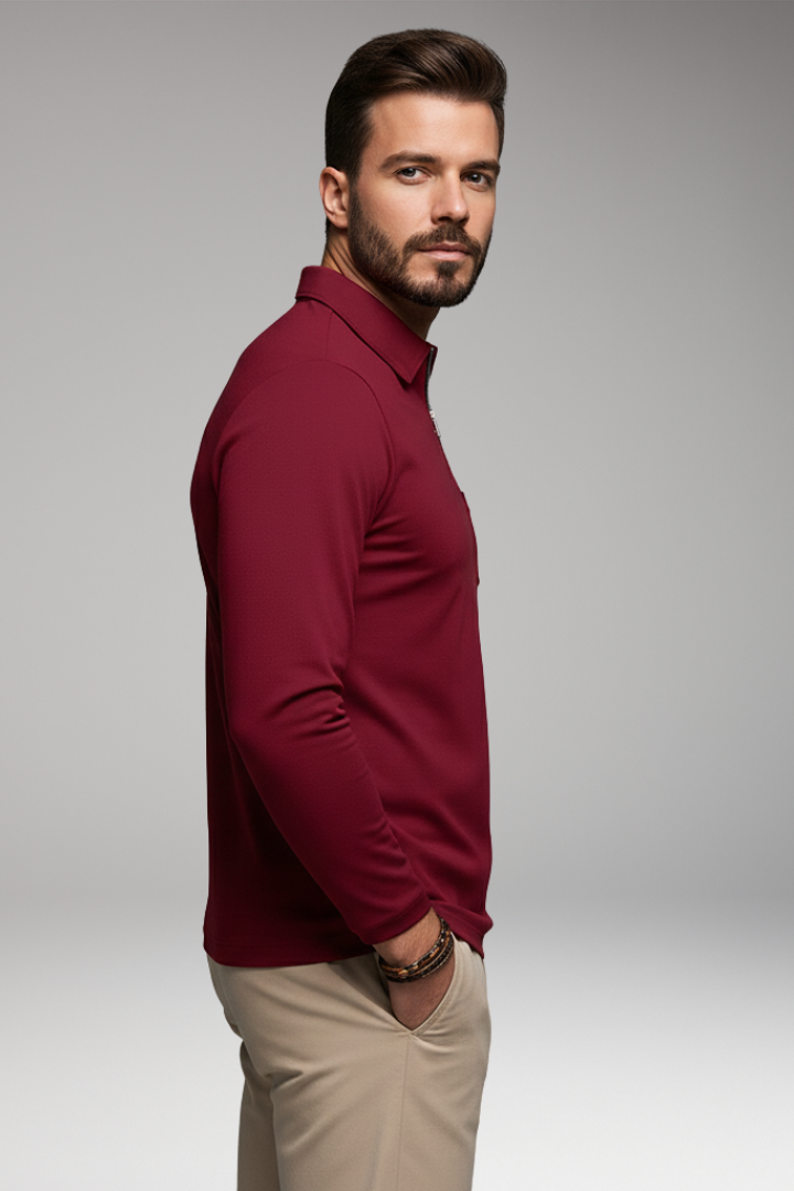 Men’s Long-Sleeve Polo Shirt with Zip and Pocket