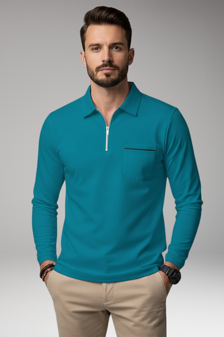 Men’s Long-Sleeve Polo Shirt with Zip and Pocket