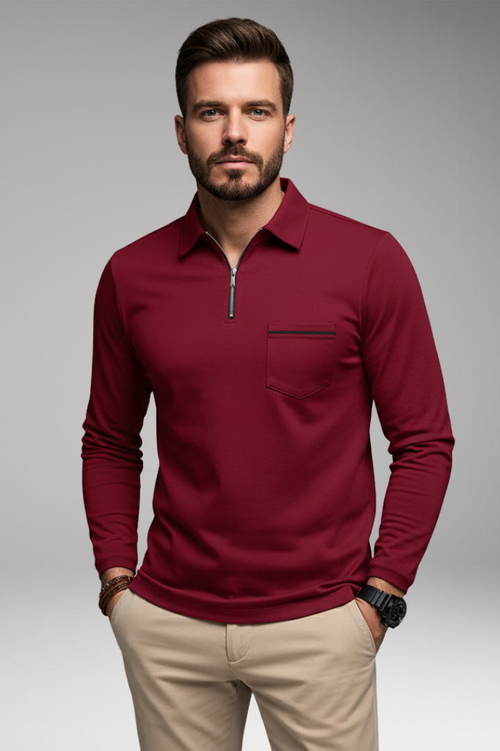 Men’s Long-Sleeve Polo Shirt with Zip and Pocket