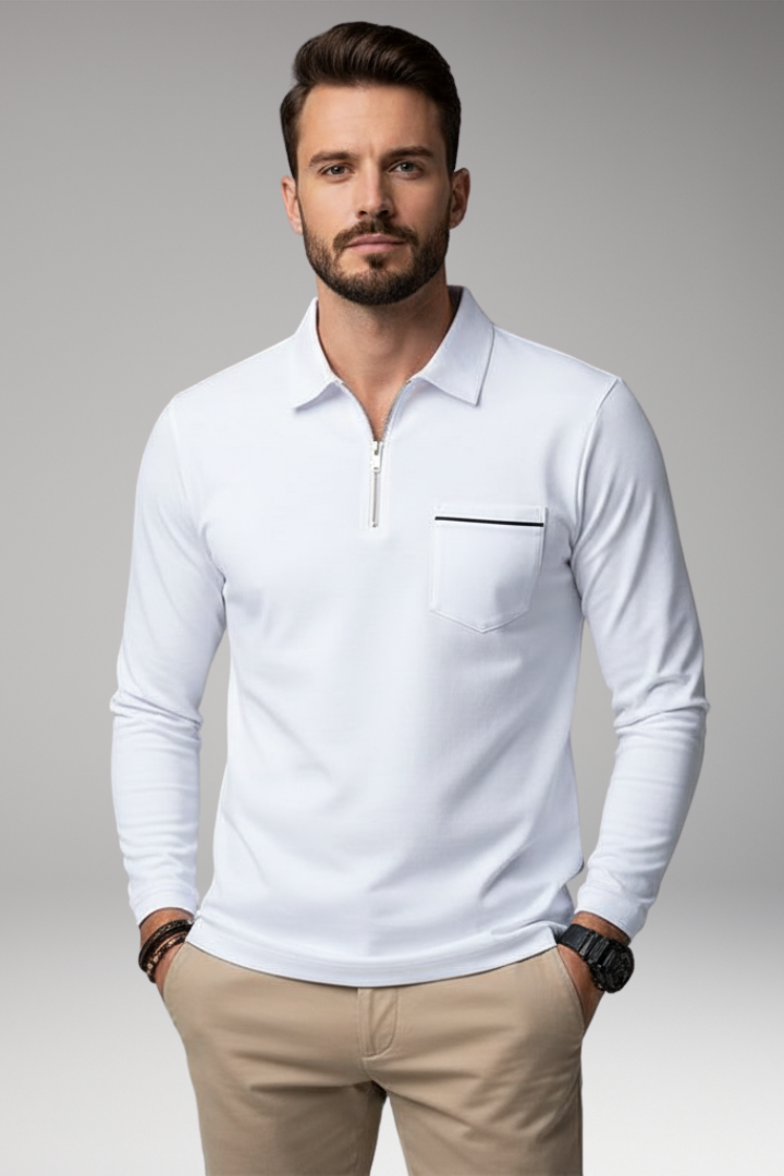 Men’s Long-Sleeve Polo Shirt with Zip and Pocket