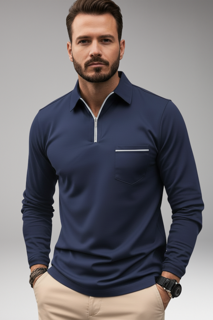 Men’s Long-Sleeve Polo Shirt with Zip and Pocket