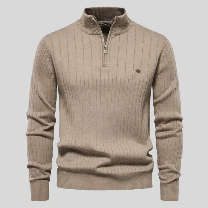 Men's Half-Zip Knit Jumper with Ribbed Stand Collar
