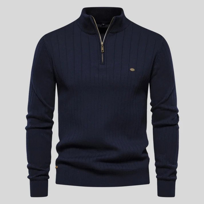 Men's Half-Zip Knit Jumper with Ribbed Stand Collar