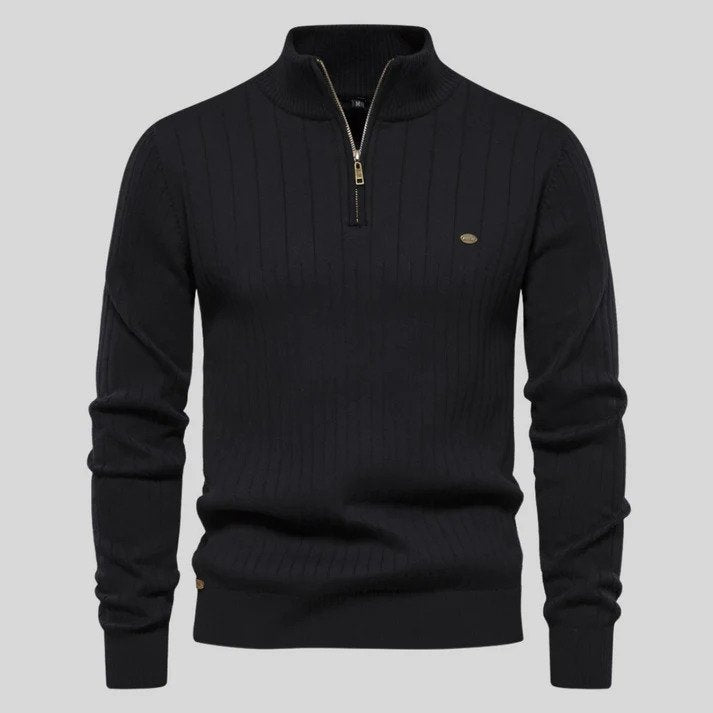 Men's Half-Zip Knit Jumper with Ribbed Stand Collar