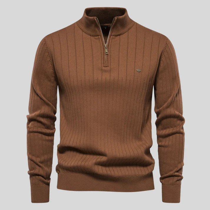 Men's Half-Zip Knit Jumper with Ribbed Stand Collar