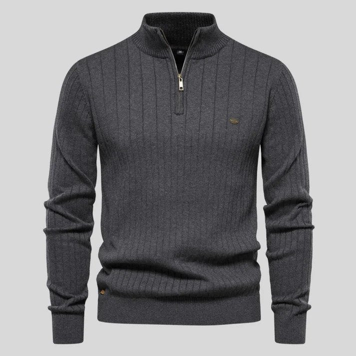 Men's Half-Zip Knit Jumper with Ribbed Stand Collar