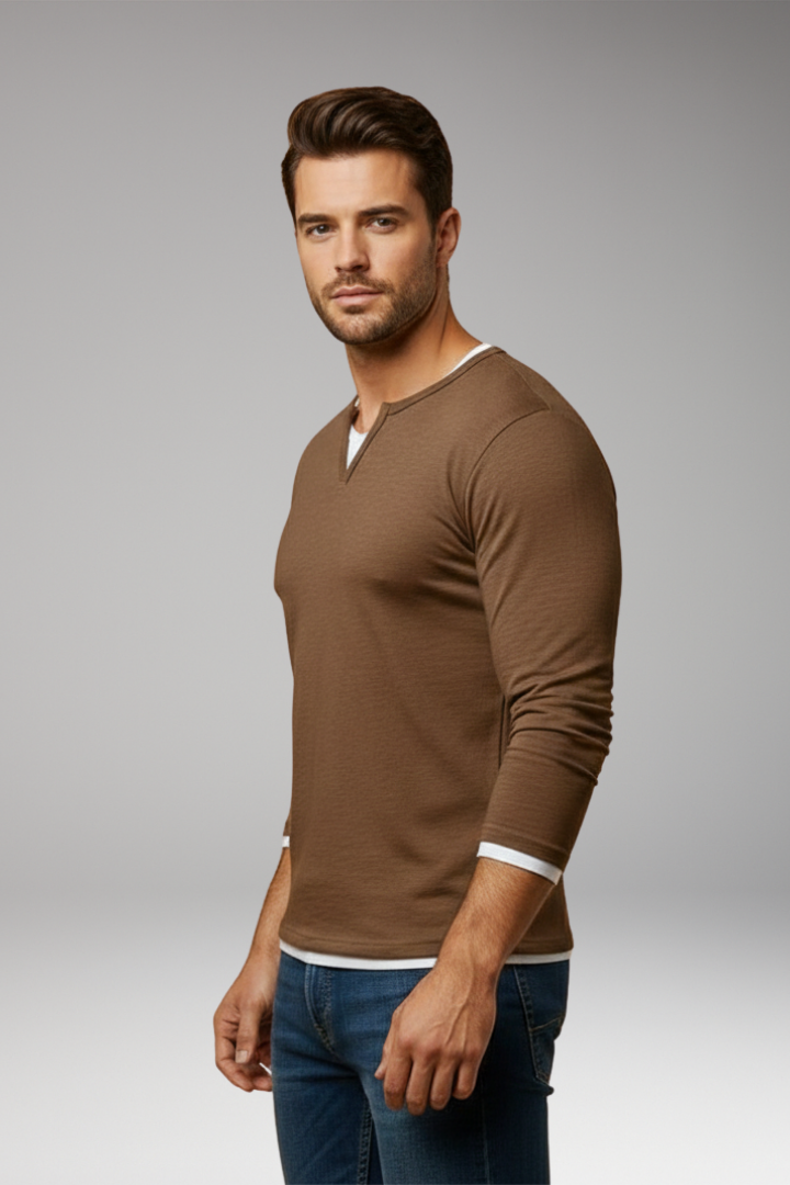 Men’s Long-Sleeve V-Neck T-Shirt with Layered Design